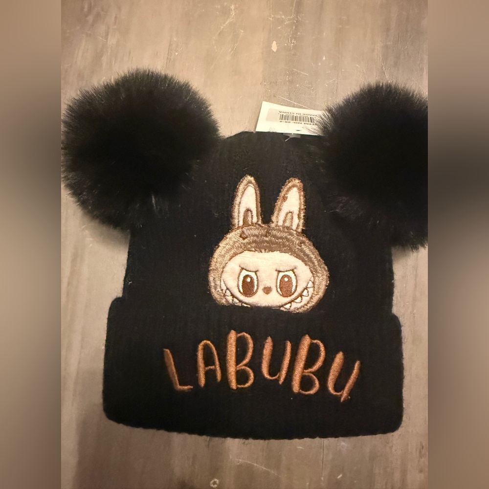 NWT Labubu Monster Youth Knit Beanie Hat With Two Pompoms Fleece Lined Black